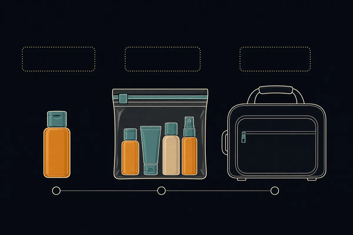 The TSA 3-1-1 liquids rule: 3.4 oz containers, one quart bag, one per traveler
