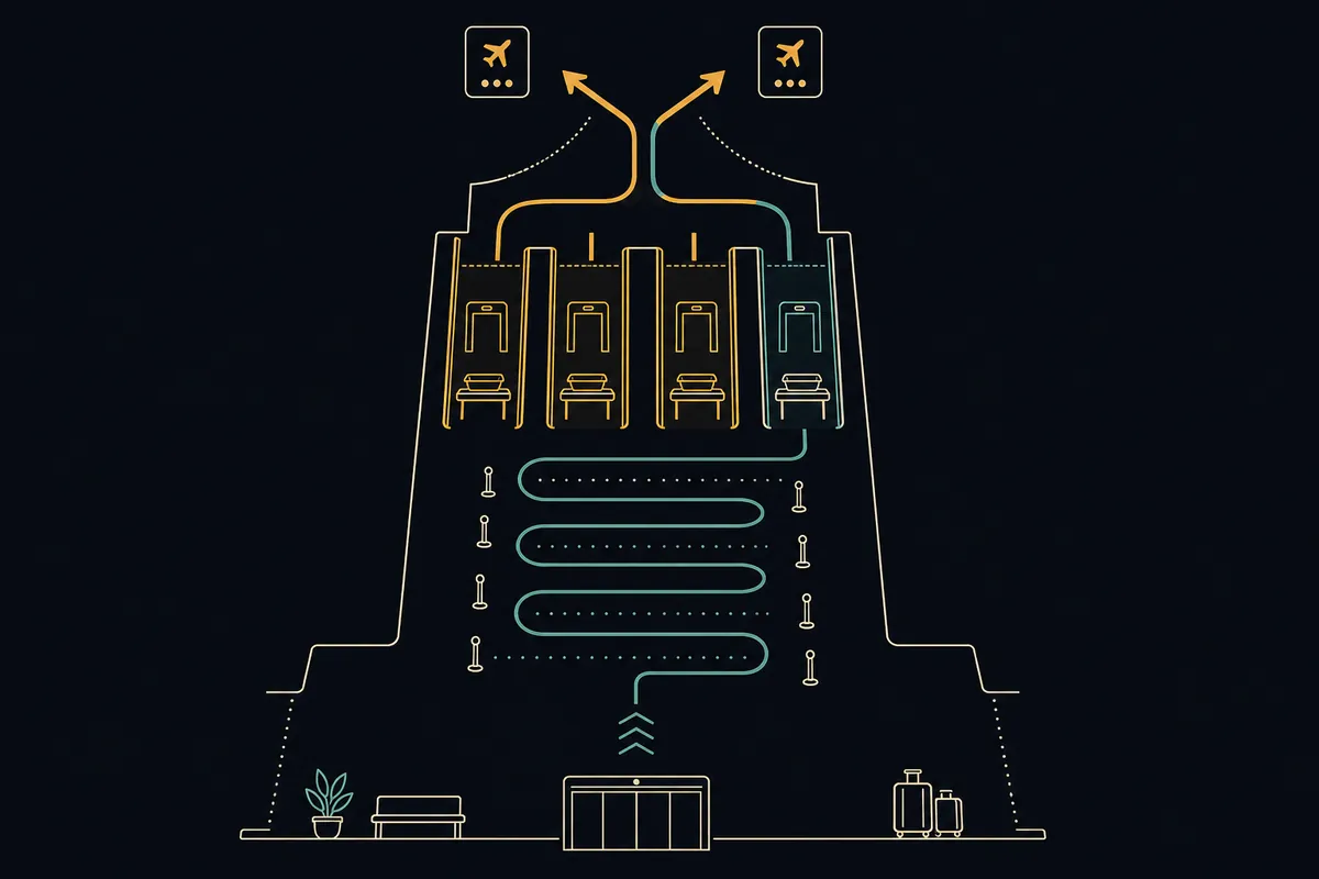 Schematic of an airport security checkpoint showing the queue, ID check, screening lanes, and bin divestment leading to the gates.