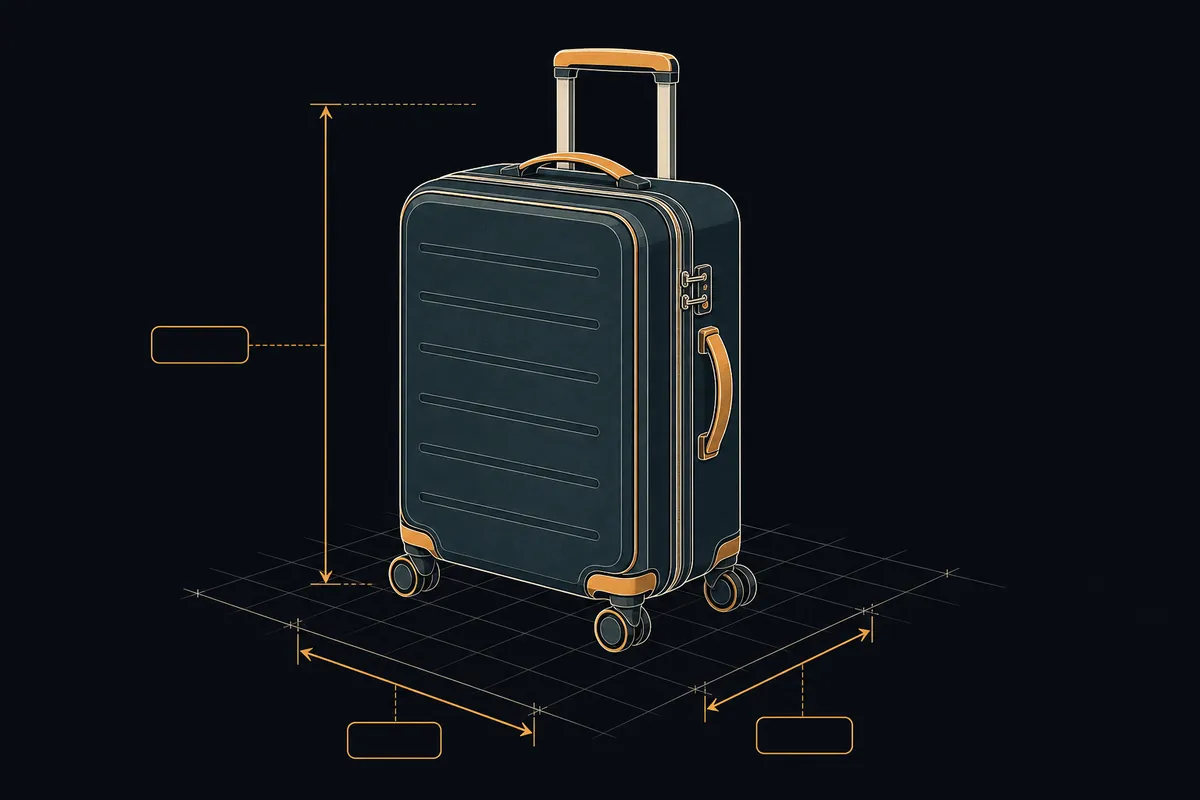 Diagram of a carry-on bag labeled with height, width, and depth, showing the dimensions measured against airline limits.