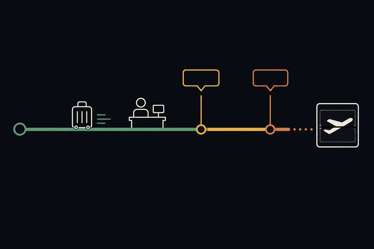 Timeline showing online check-in opening, then airport check-in and bag-drop cutoffs counting down to departure.