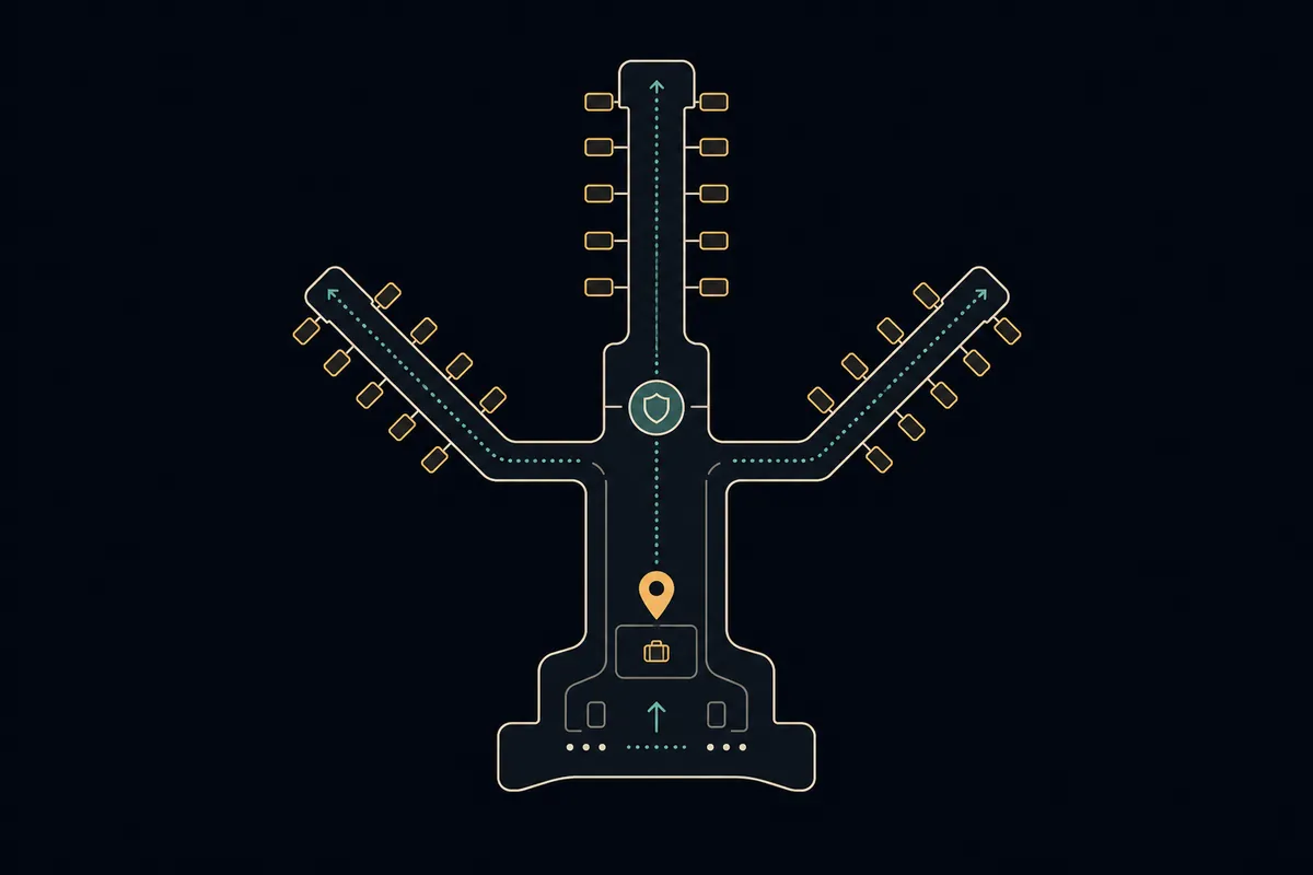 Diagram of a typical airport terminal layout — departures level up top, security checkpoints, then concourses branching out to the gates.
