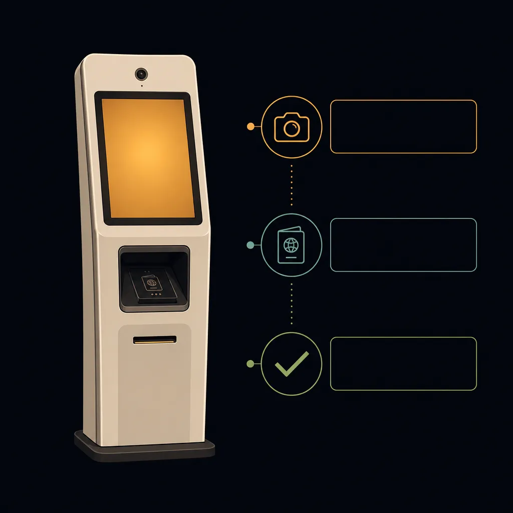 Diagram of a Global Entry kiosk at international arrivals, showing a returning traveler skipping the regular passport line.