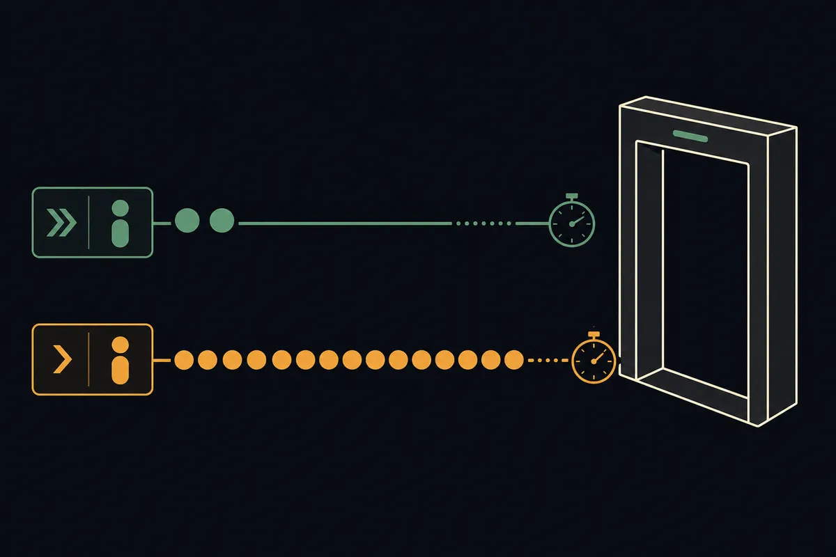 Diagram comparing an expedited screening lane with the standard line, showing the shorter wait and minutes saved.