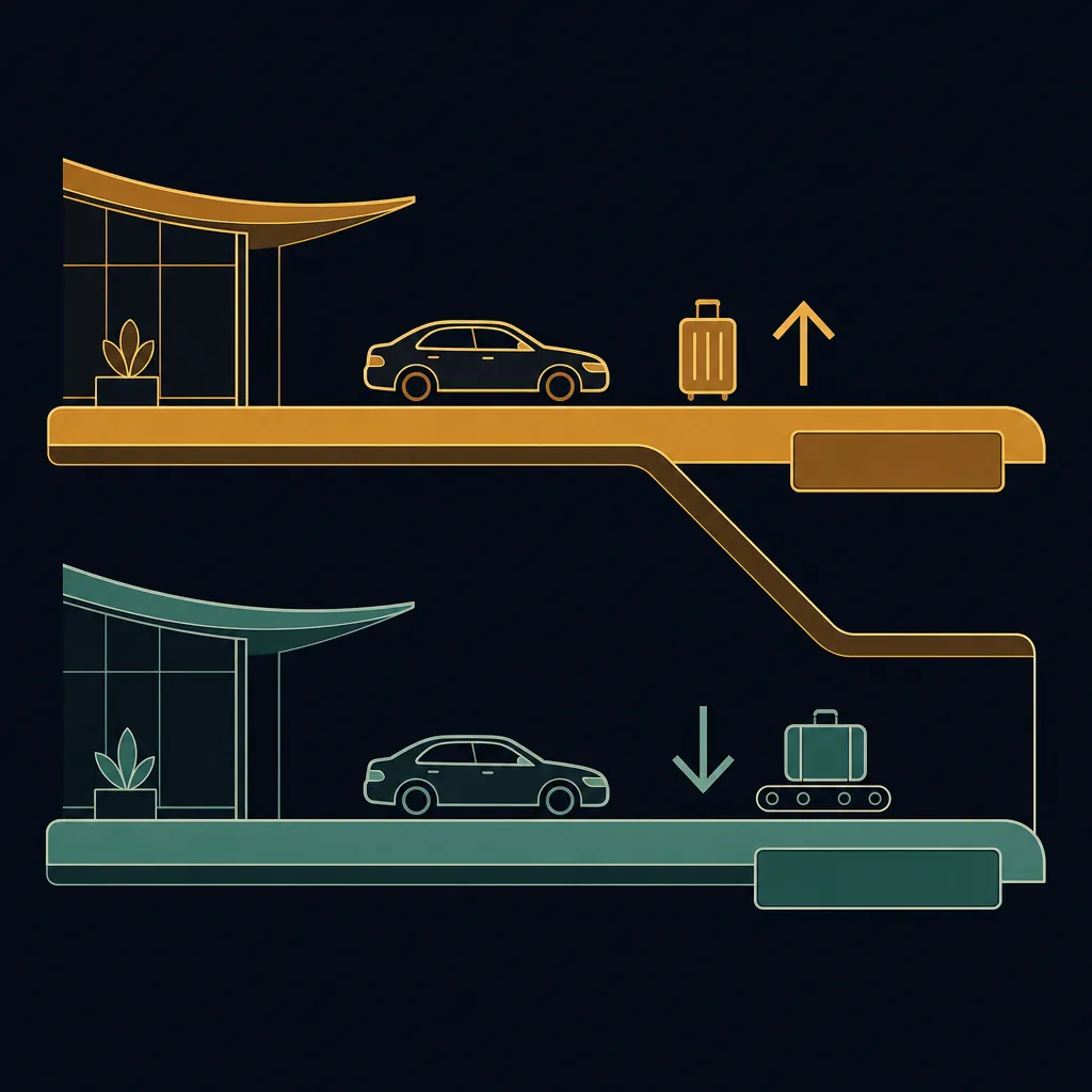 Diagram showing the upper departures curb and the lower arrivals level where rides wait.