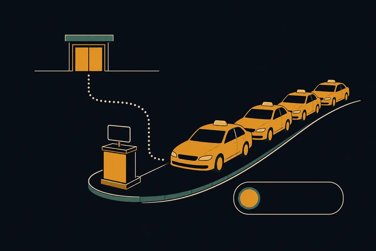 Travelers waiting in line at an airport taxi stand as cabs pull forward one at a time.