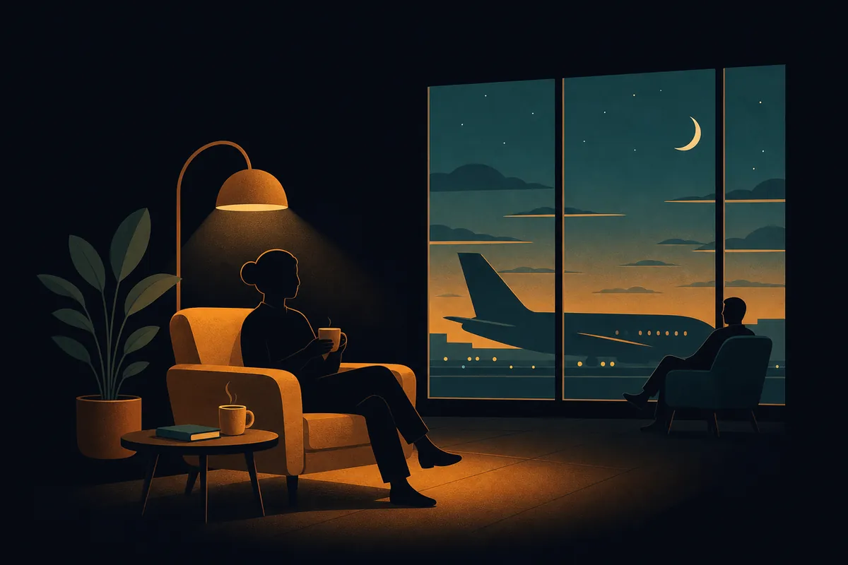 A calm airport lounge with seating and refreshments