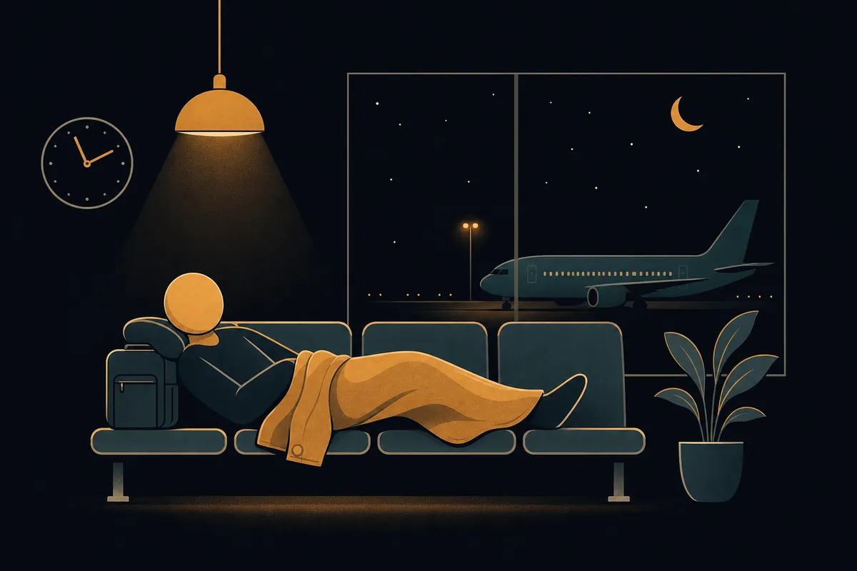 Quiet overnight terminal with a traveler resting on bench seats near a power outlet, past-security area dimmed.