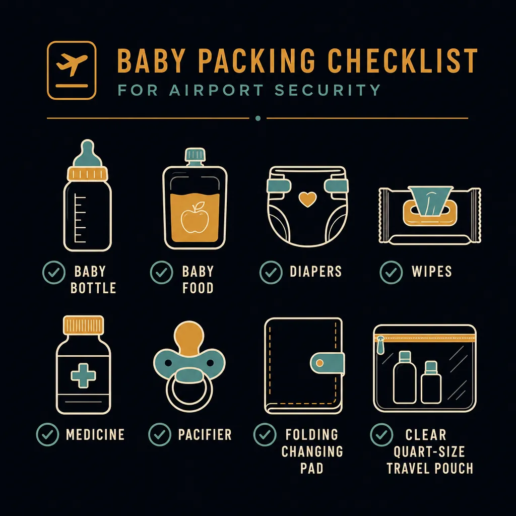 Diagram of a carry-on checklist for traveling through security with a baby