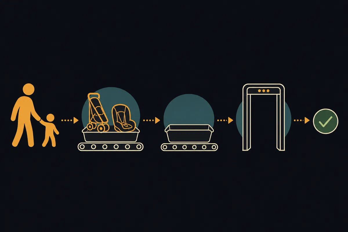 Step-by-step flow of a family moving through an airport security checkpoint with kids and gear
