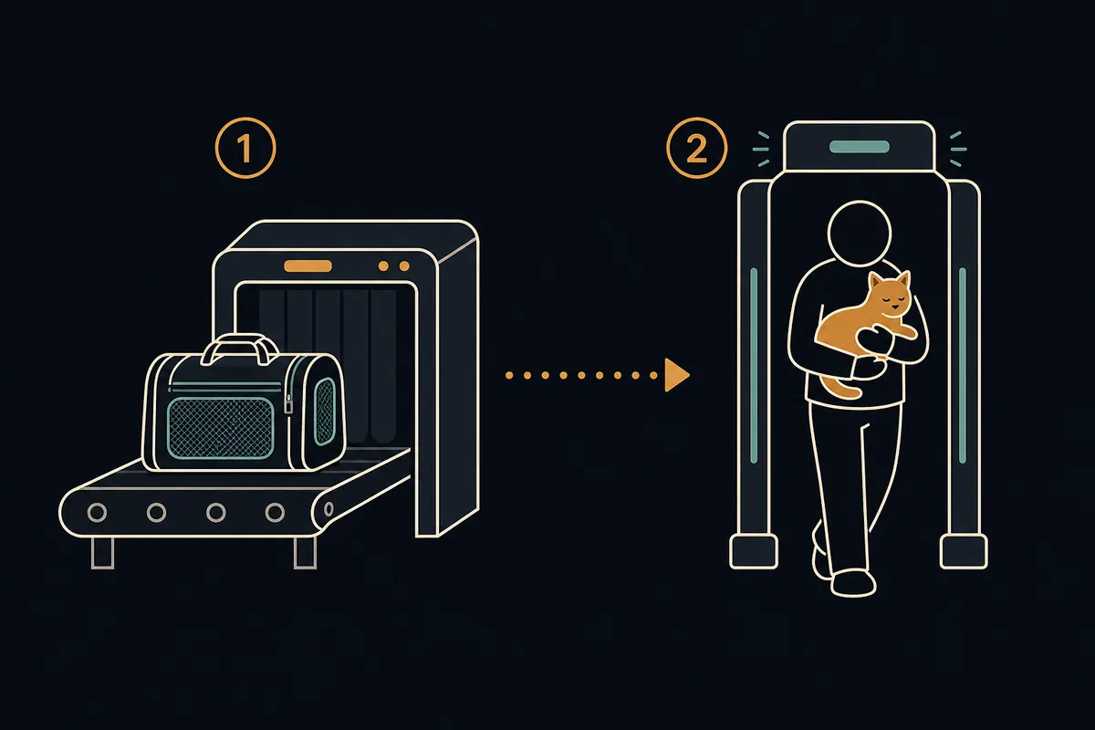 Diagram showing a cabin pet carrier passing through the airport security screening process