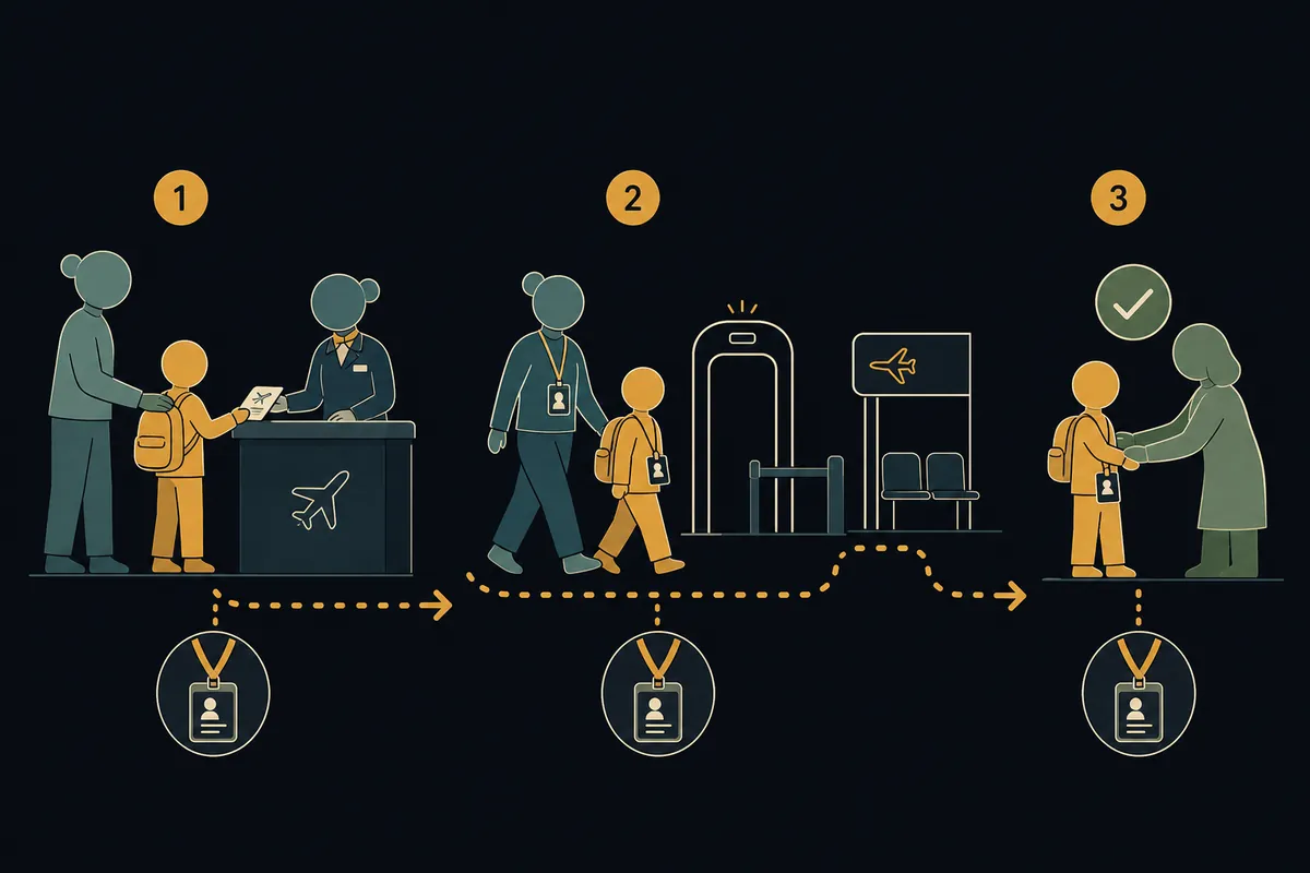 Diagram of the unaccompanied minor handoff from sending adult to airline staff to pickup