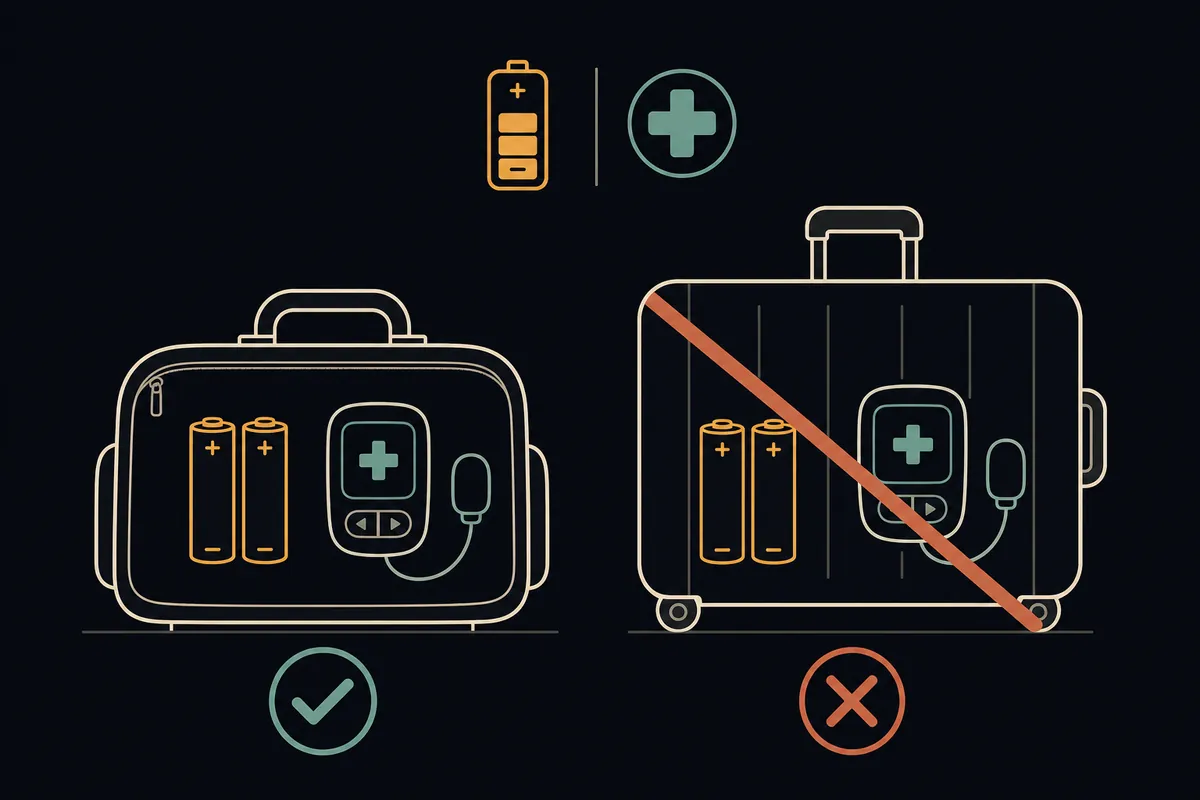 A sleep-therapy device battery packed in the cabin bag, kept out of checked luggage