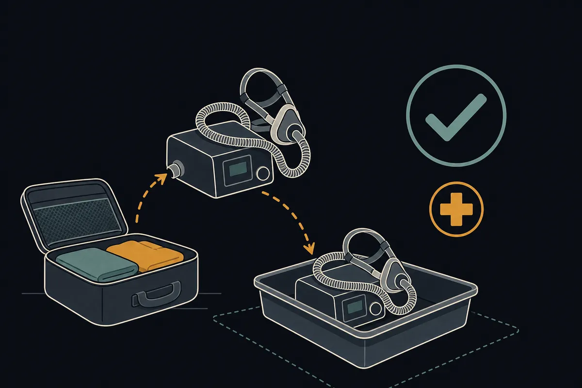 A travel sleep-therapy device prepared for its own bin at the security checkpoint