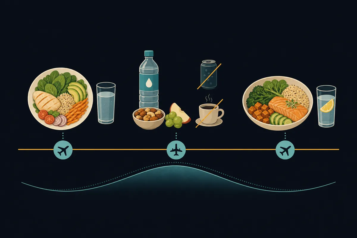 Timeline diagram of what to eat and drink before, during, and after a flight to feel your best.