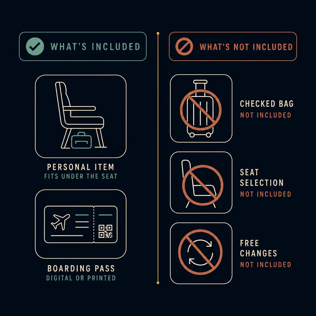 A side-by-side of what a basic fare includes and what costs extra to add.