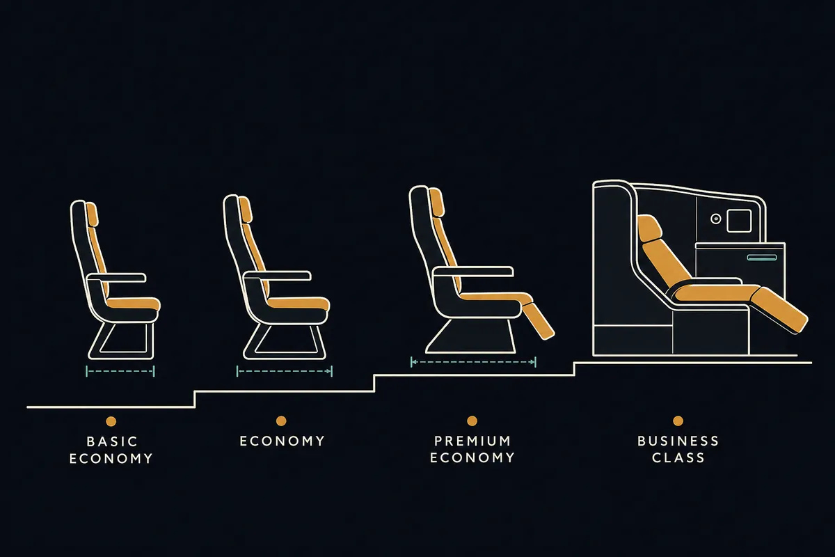 Cabin tiers compared by legroom, recline, and service from economy upward.