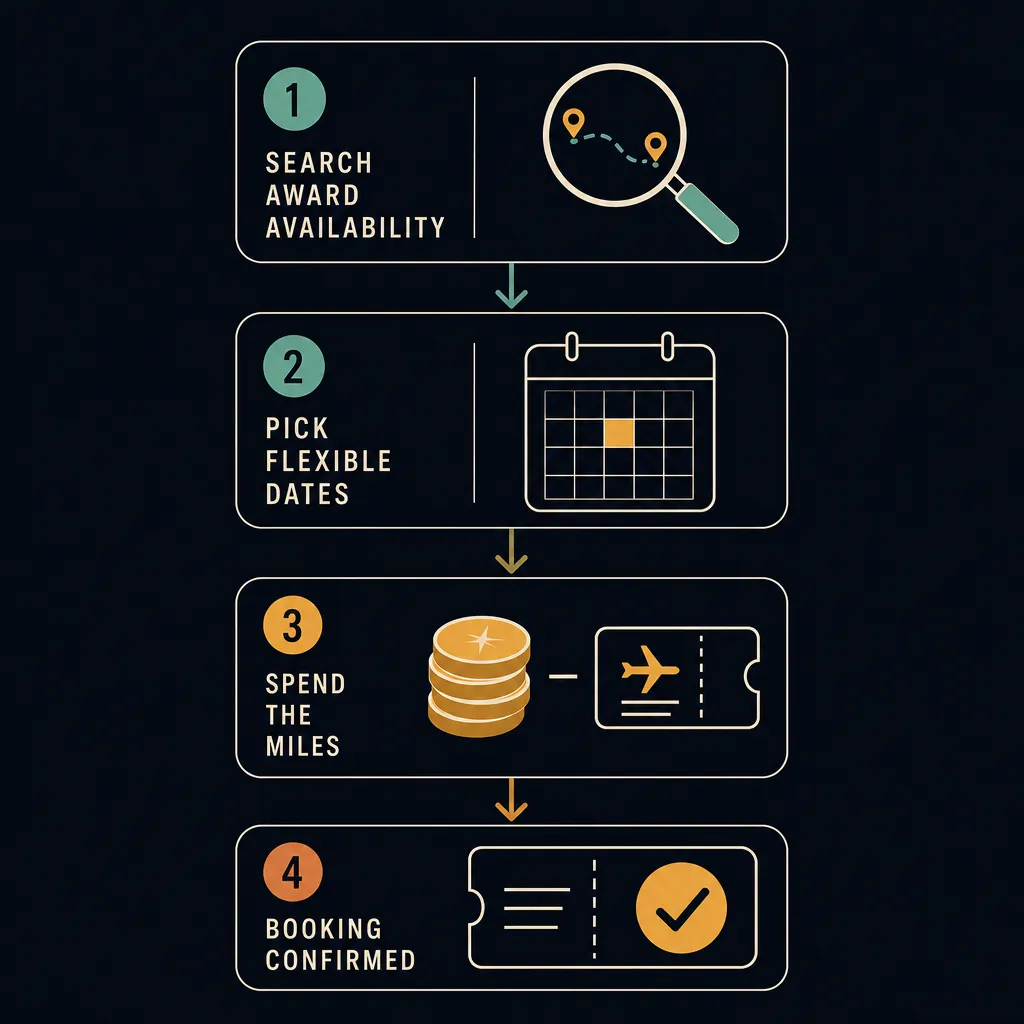 The award booking flow from finding saver space to transferring points and confirming the seat.
