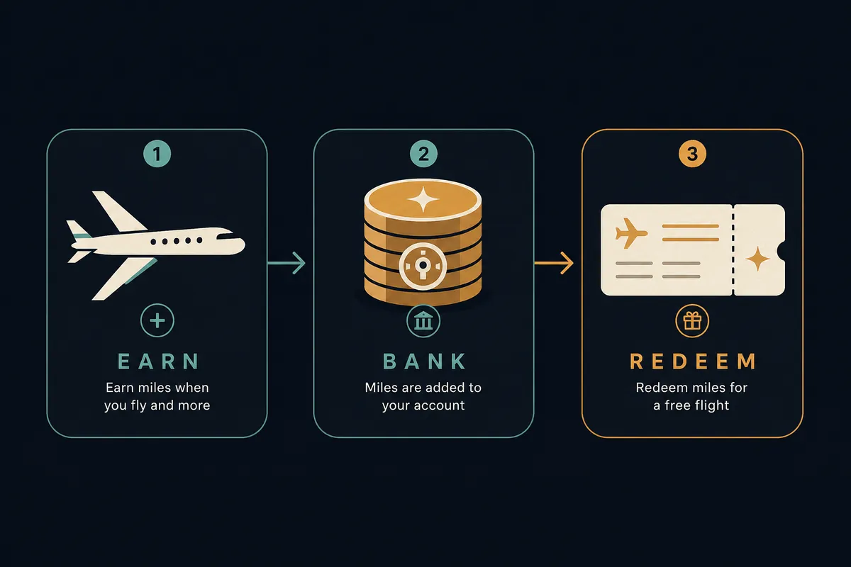 How airline miles flow from earning to redemption, shown as a simple beginner-friendly diagram.