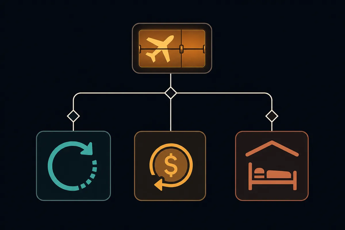 A calm decision flow for a cancelled flight: rebook fast, request a refund, and line up your next steps.
