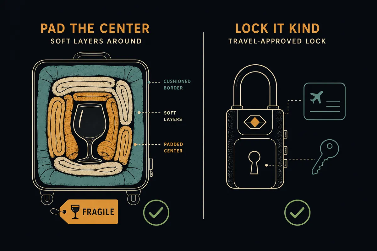 Illustration of carefully packing fragile items and securing a bag for travel