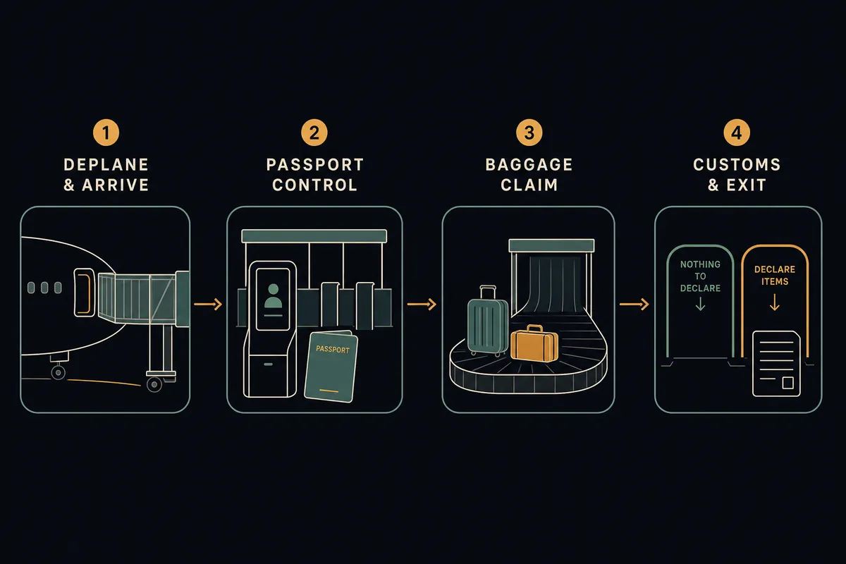 Flow diagram of a US international arrival: passport control, baggage claim, customs declaration, then exit or re-check.