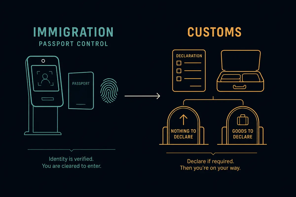 Explainer of customs versus immigration on arrival: passport check, baggage claim, declaration, and the inspection stage.