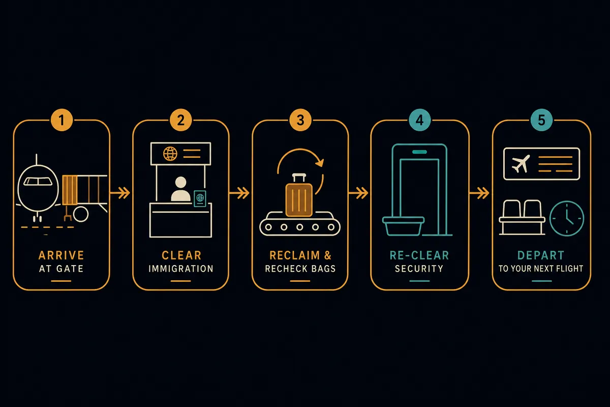 Flow diagram of an international layover: when you collect bags, clear customs, and re-check before connecting.