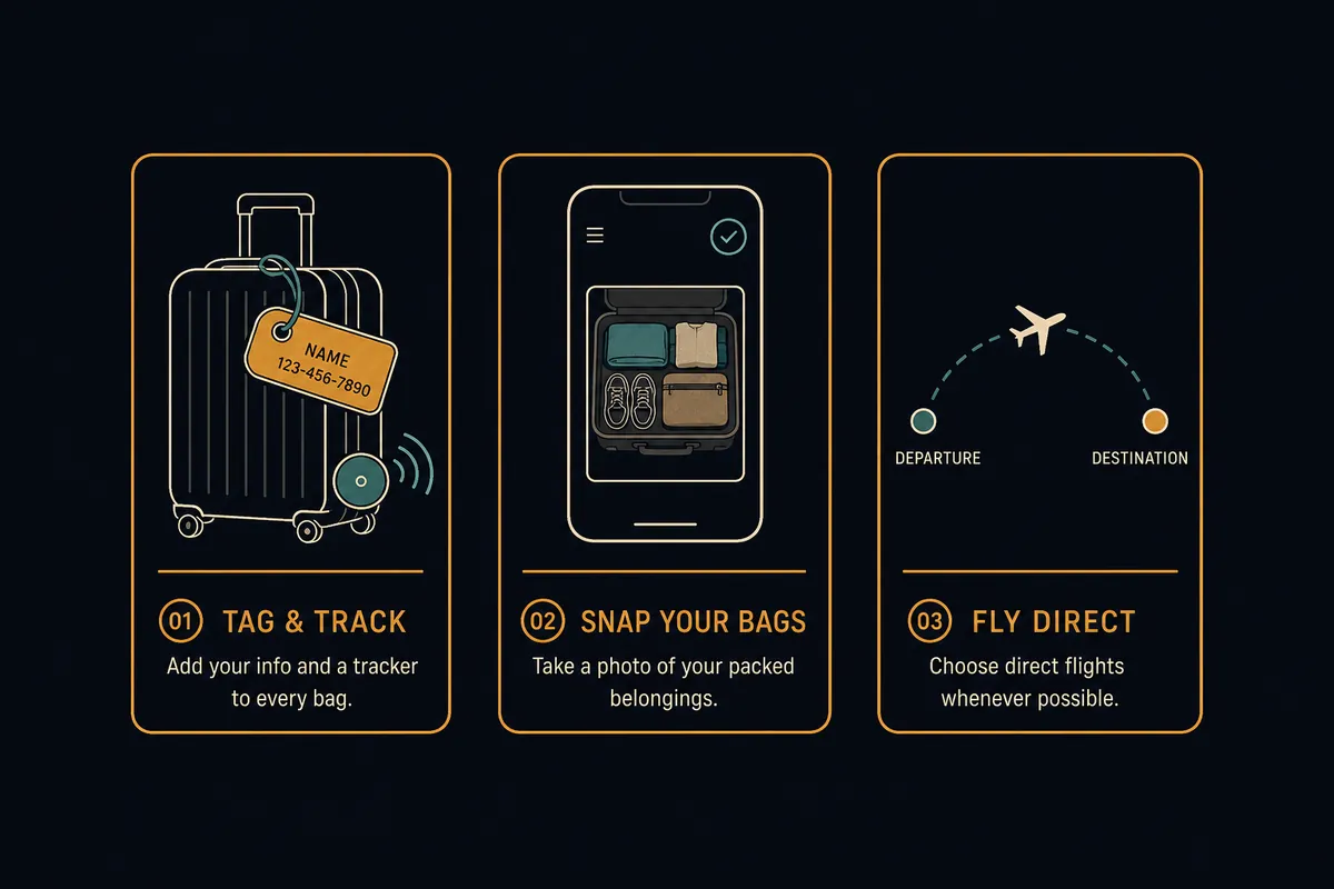 Diagram of habits that keep a checked bag on track: clear labeling, a tracker inside, nonstop routing, and early check-in.