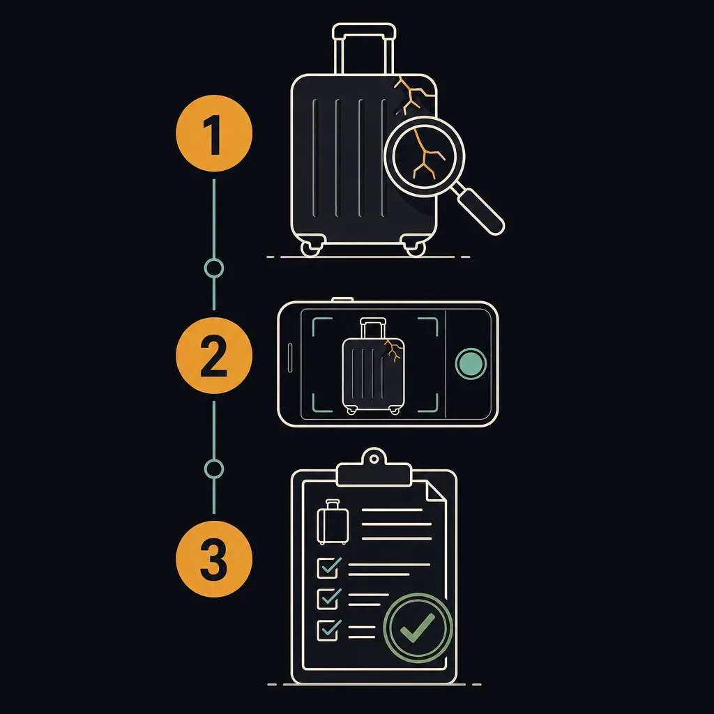 Step diagram for a damaged-bag claim: report at the airport, document the damage, then submit and follow up.