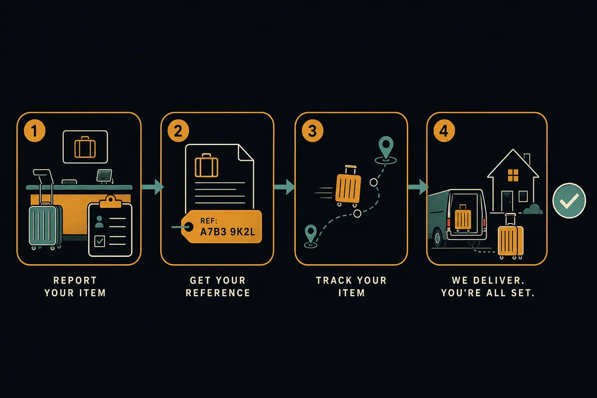 Diagram of the recovery path for a delayed checked bag: file a report, track the bag, then claim reimbursement.
