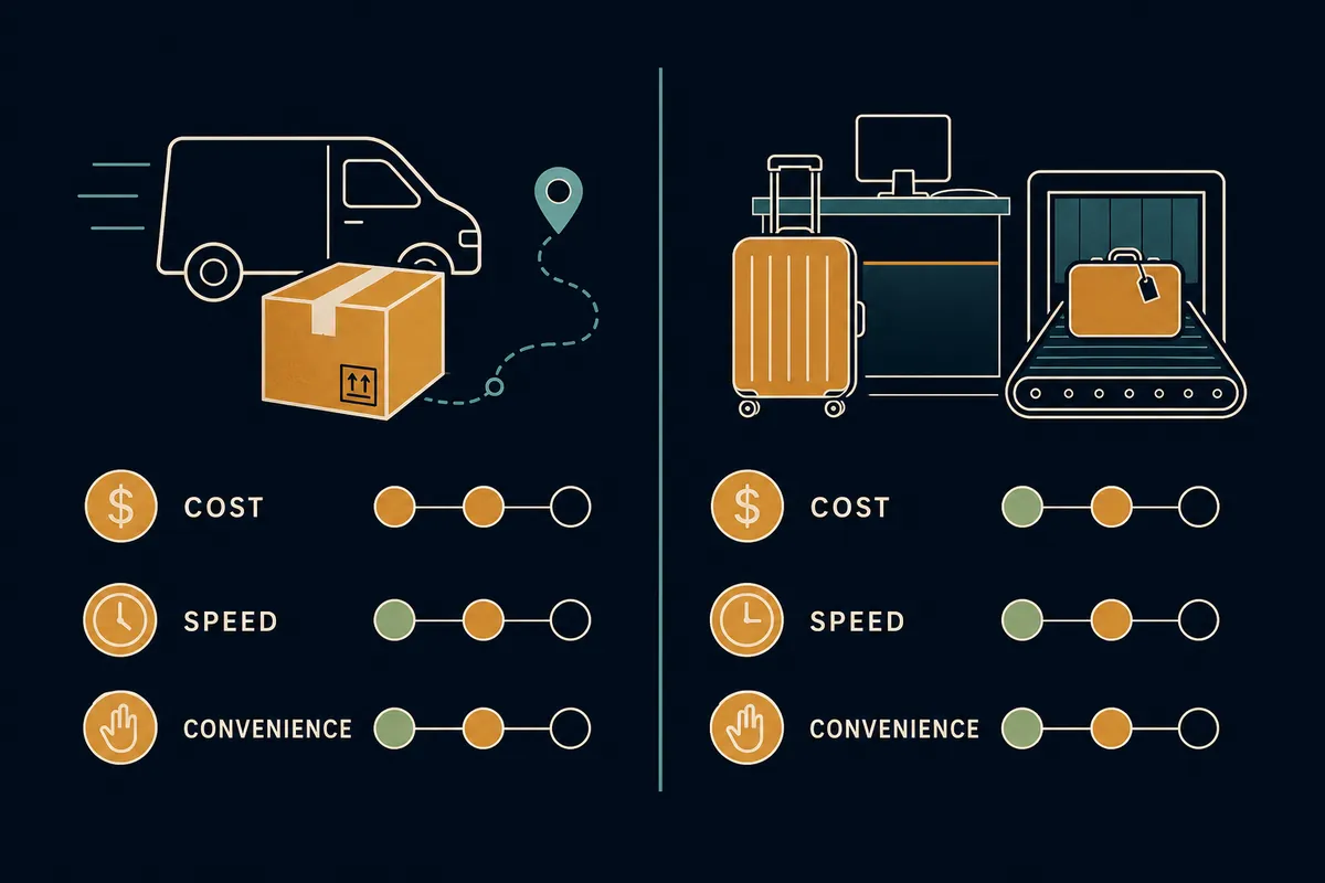 Side-by-side diagram comparing shipping luggage ahead with checking bags at the counter, by cost and trip type.