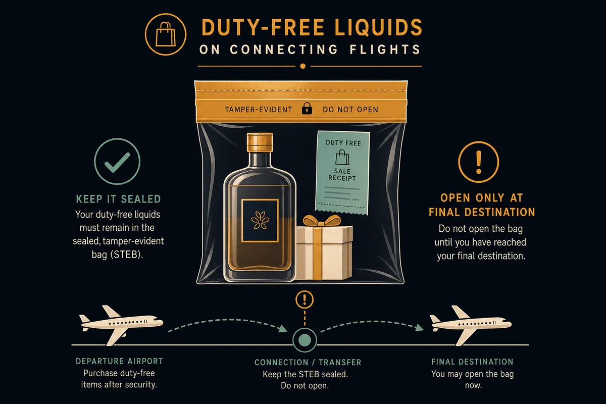 Diagram of duty-free shopping with sealed liquid bags and the rules for carrying them through connections.