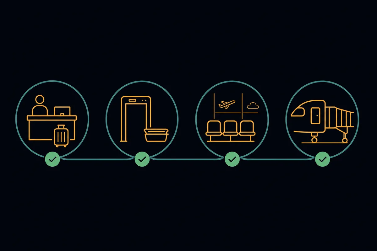 The airport journey step by step, from check-in through security, gate, and boarding