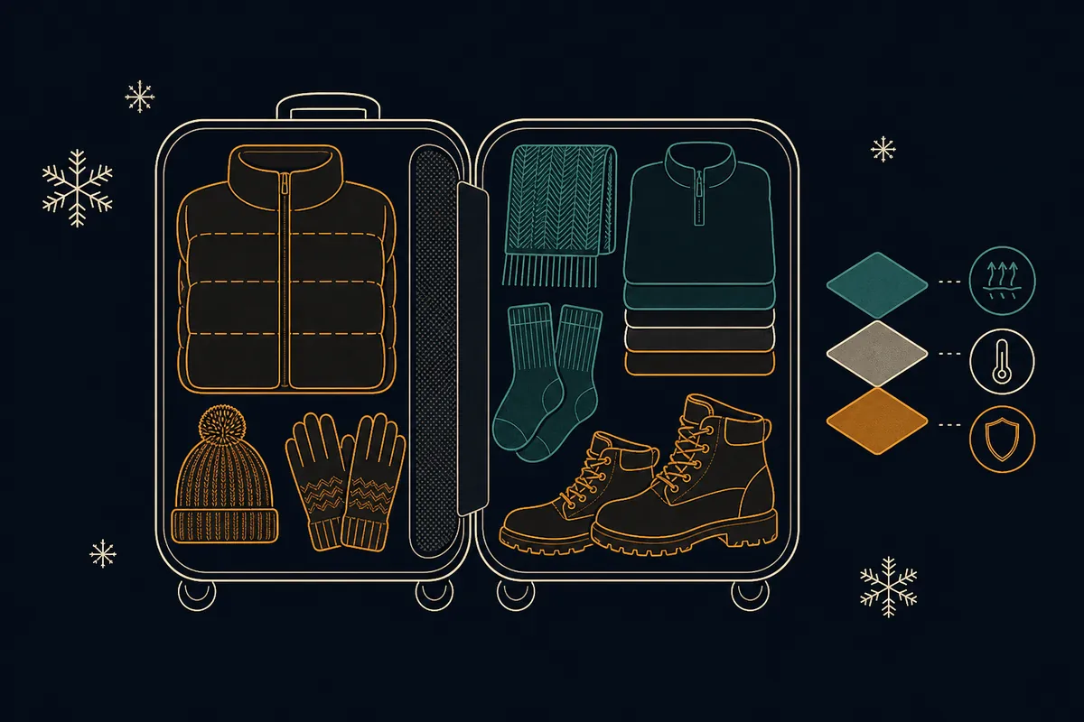 A winter packing layout showing layered clothing and compact cold-weather gear